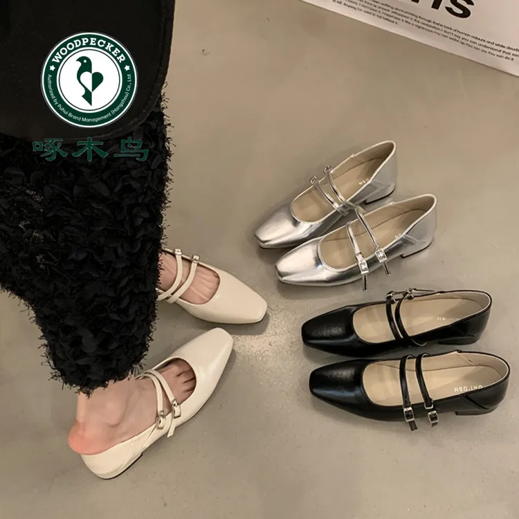 啄木鸟法式银色玛丽珍单鞋女2025新款平底鞋气质晚晚鞋低跟小皮鞋