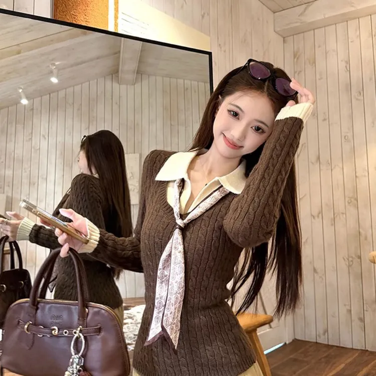 【送丝巾】落肩袖针织长袖常规毛针织衫法式翻领女装撞色小众针织衫