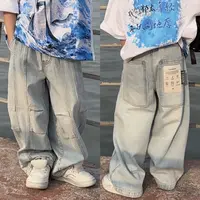 乐乐家春款拼接设计感牛仔裤潮范时尚做旧磨白直筒宽松百搭长裤