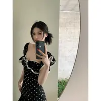 Lienni2025春夏新款收腰显瘦镂空方领蕾丝荷叶波点长款连衣裙女