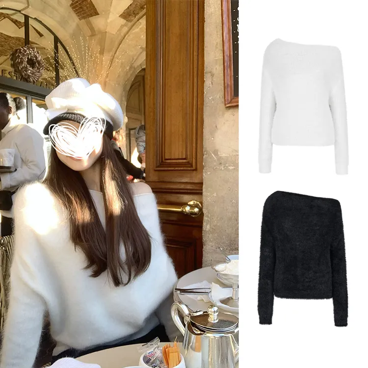 Moses Queen/魔西女王一字肩毛衣女气质露肩上衣秋宽松斜肩针织衫