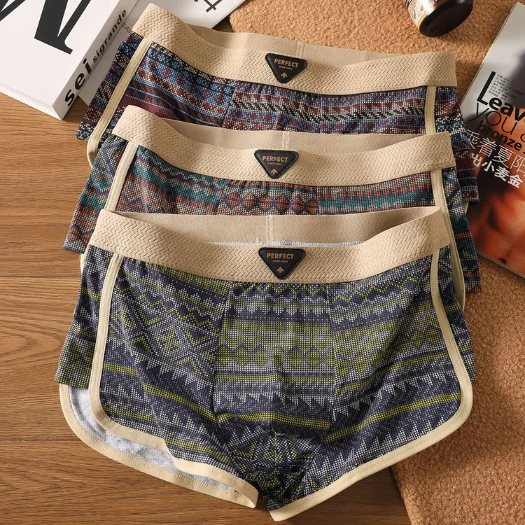 中式民族风男士内裤复古菱格印花四角裤棉质柔软舒适透气平角裤