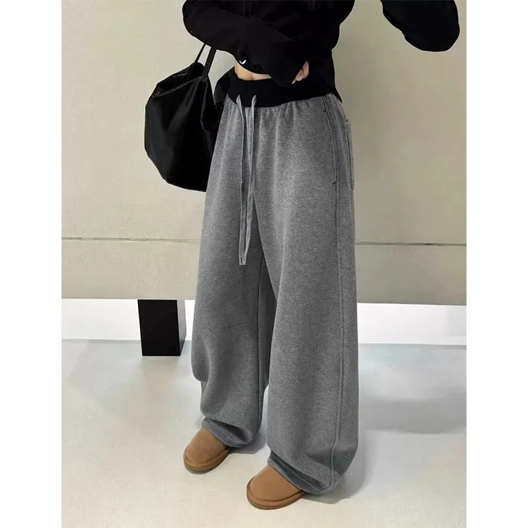 秋冬高级感拼色抽绳加绒运动裤女宽松显瘦弯刀卫裤休闲遮肉阔腿裤