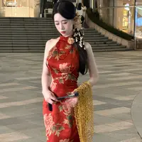 LHMknk1画报夫人原创自制显瘦风情新中式国风旗袍 留红美人挖肩