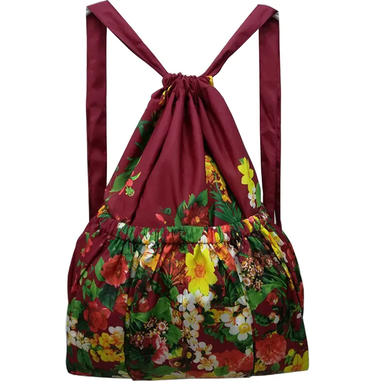 抽绳束口袋花布包中老年双肩包买菜购物袋2025新大容量防水背包女