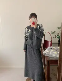 小香风花朵刺绣针织开衫半身裙套装女秋冬季新款慵懒风毛衣两件套