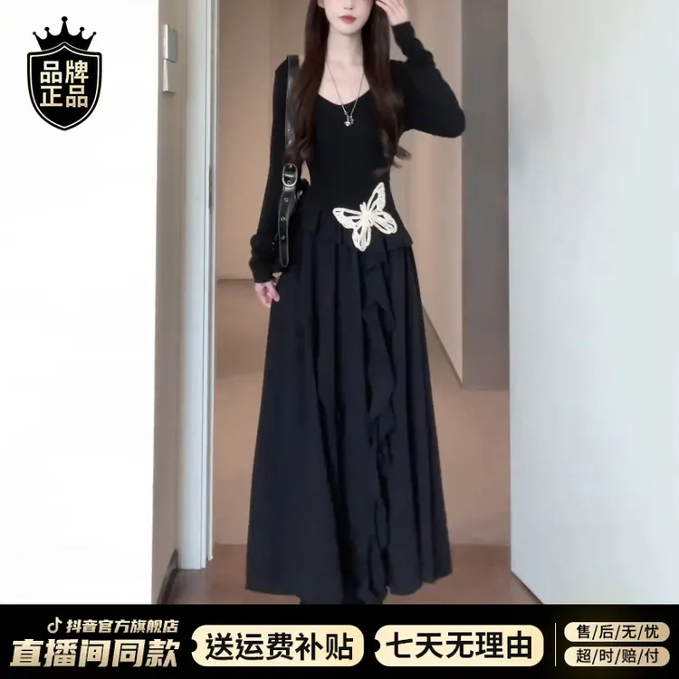 赫本风黑色长袖连衣裙子女装2025早秋款小个子不规则收腰显瘦长裙