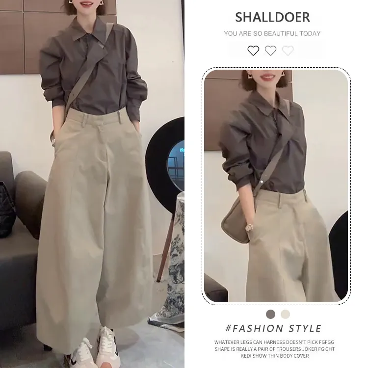 韩版休闲通勤套装女春秋新款收腰条纹长袖衬衫休闲阔腿裤子两件套