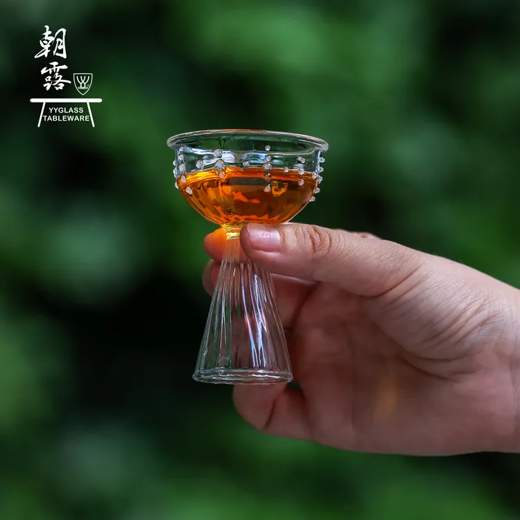 yyglass.雅雅朝露系列高硼硅耐热玻璃茶具灯工手工吹制高足若深杯