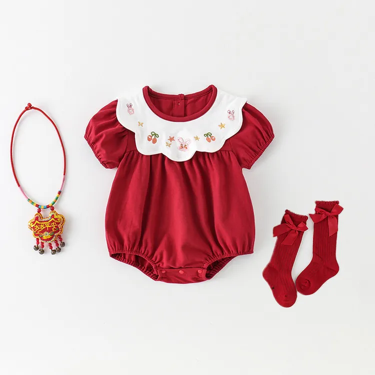 婴儿衣服夏季红色周岁礼服百日宴满月照百天服包屁衣公主外穿夏装