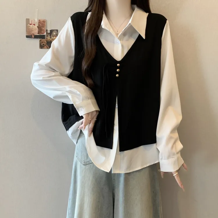 大码女装遮肚子小香风马甲衬衫女春秋胖mm显瘦正肩假两件长袖上衣