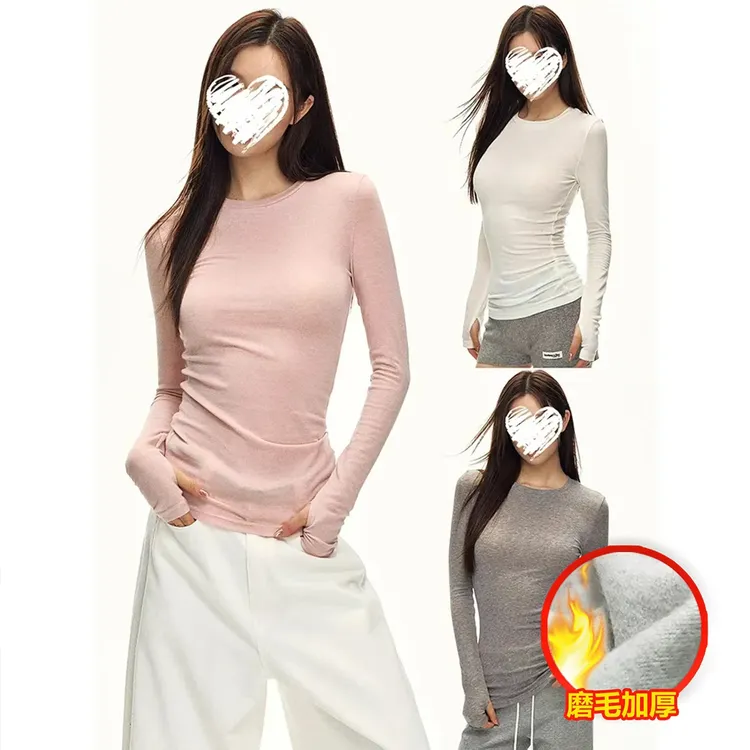秋冬正磨毛厚款长袖打底T恤女2025圆领内搭修身修身纯色上衣