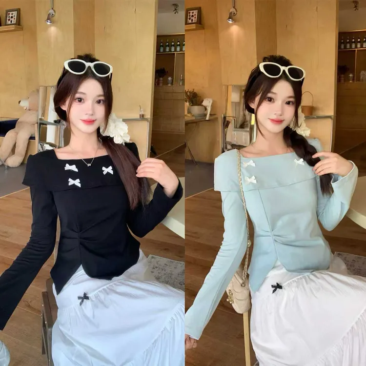 2025秋季新款胖mm大码女蝴蝶结一字肩长袖T恤设计感修身上衣80358