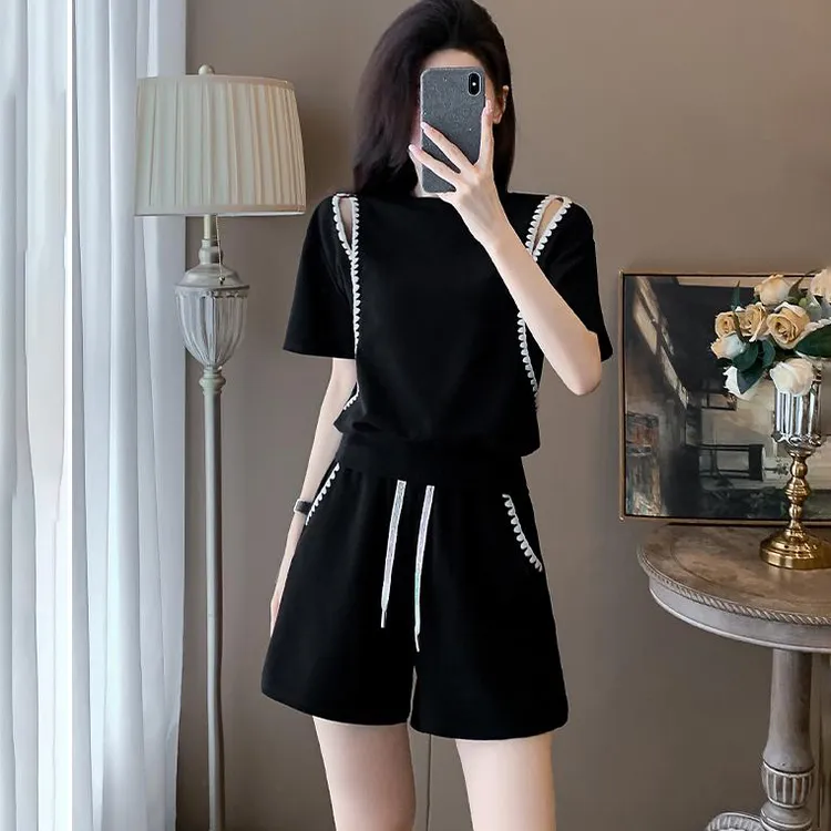 韩版花边领露肩套装女2025夏季新款小个子显瘦短袖短裤两件套女装