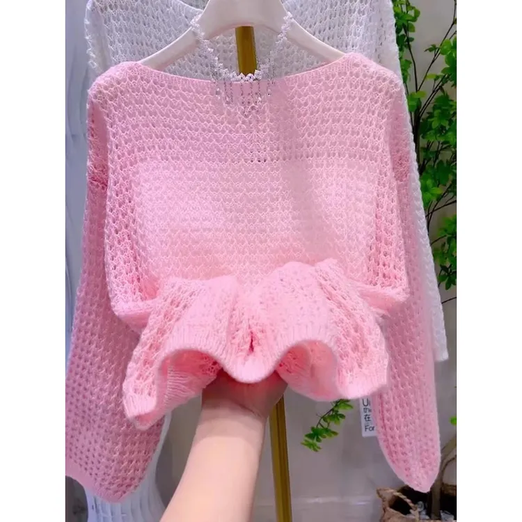 夏季镂空针织衫女新款薄款慵懒风洋气宽松毛衣防晒衫罩衫外套上衣