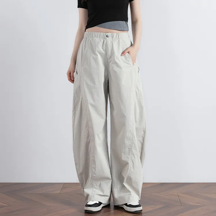 高级薄款拼接设计工装裤女休闲速干运动裤洋气百搭宽松长裤弯刀裤