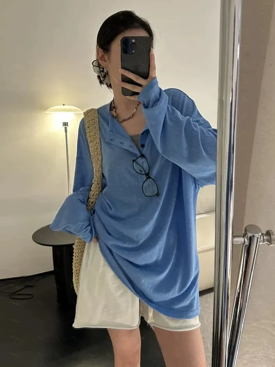 慵懒风中长款纯色小扣子半扣长袖T恤百搭休闲宽松上衣-25231