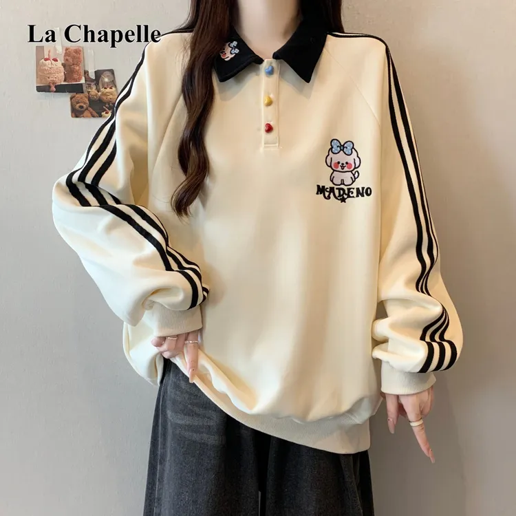 拉夏贝尔大码秋冬款小狗印花POLO领学院风条纹卫衣女百搭独特上衣