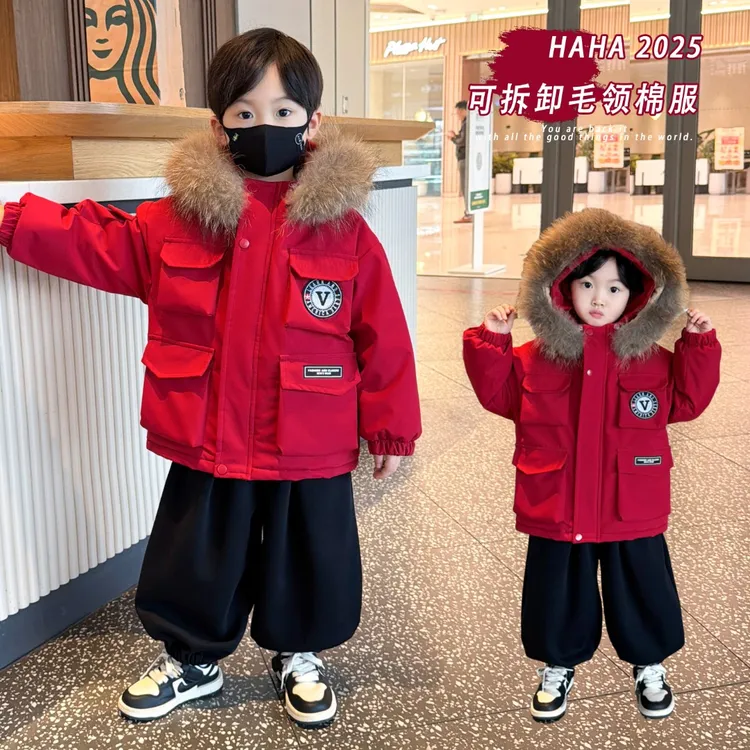 男童冬季加绒外套2025新款加厚棉衣儿童装连帽帅气宝宝上衣派克服