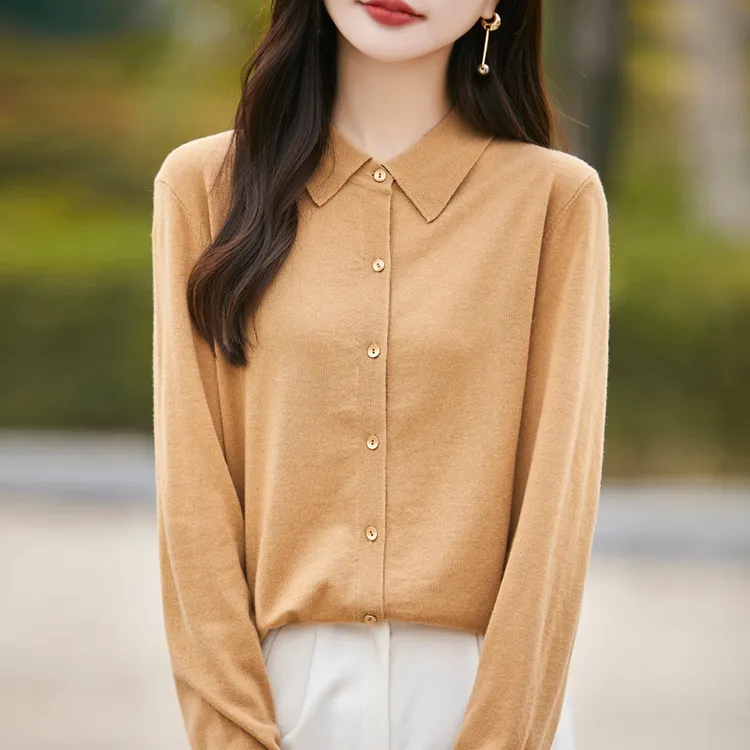 25春秋POLO领精纺羊毛开衫女宽松显瘦毛衣春秋气质薄款针织衫外搭