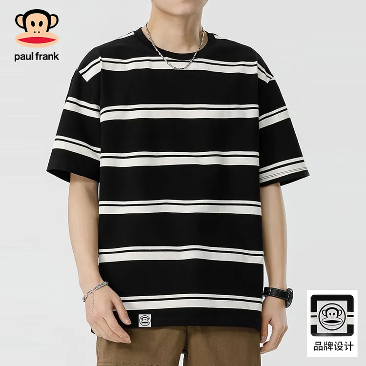 大嘴猴圆领短袖t恤男潮牌夏季新款条纹重磅休闲上衣男薄男士男装