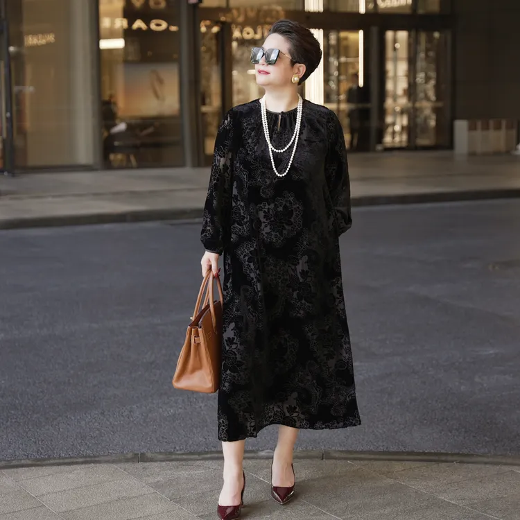 2025早秋季新款复古真丝混纺丝绒烧花时尚中长款大码连衣裙0521