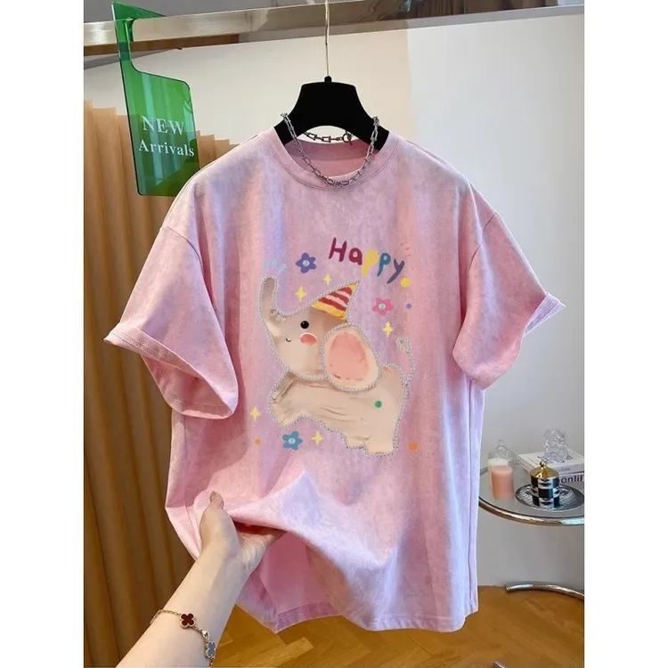 胖妹妹大码240斤慵懒风扎染卡通短袖女2025夏季新款时髦小众上衣