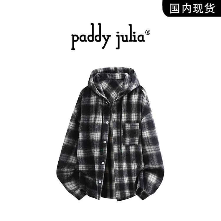 Paddy julia连帽格子长袖衬衫男款春秋季美式复古休闲衬衣高级感