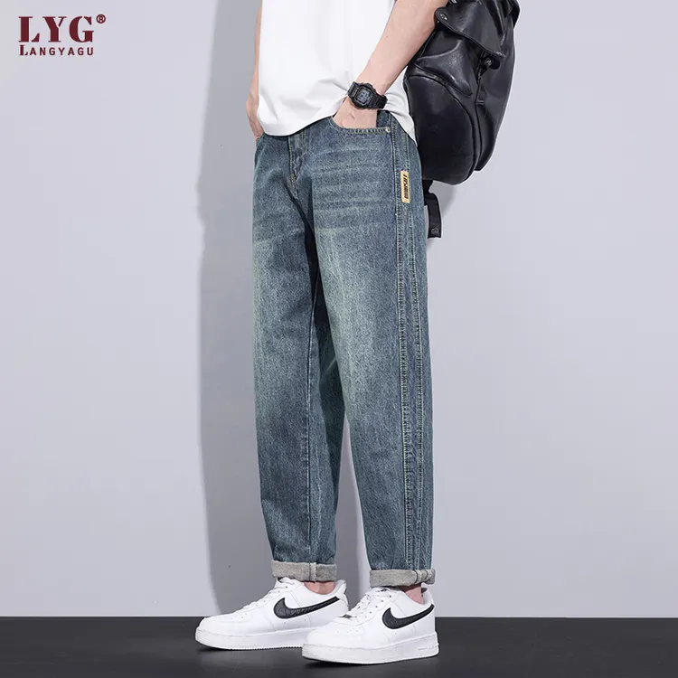 复古牛仔裤男士秋季新款宽松直筒潮牌凉感锥形弹力九分长裤子男款