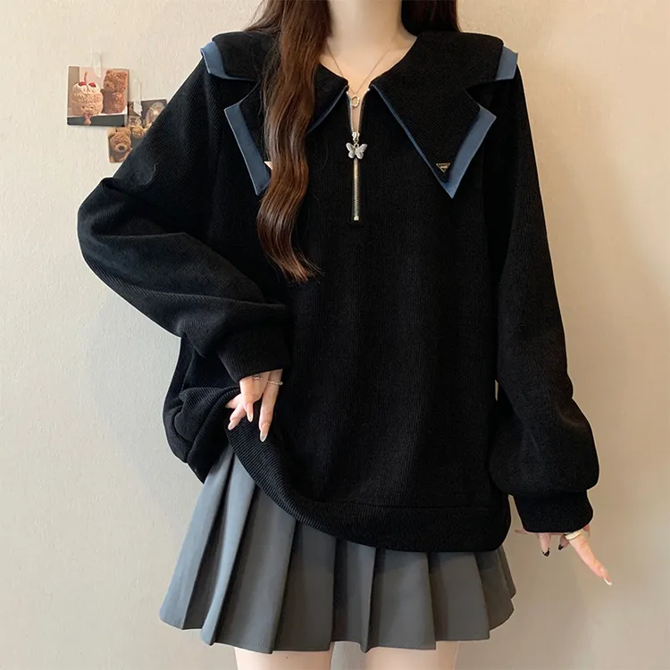 大码女装遮肚子娃娃领半拉链加厚卫衣女秋冬胖妹妹宽松长袖打底衫