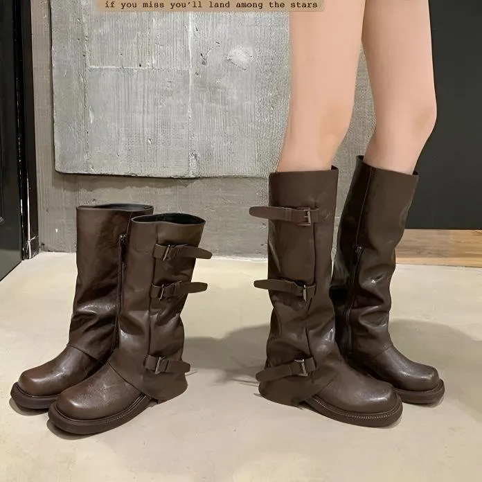 皮带扣褶皱厚底长筒靴女2025秋冬季新款爆款裤管西部靴ins潮靴子