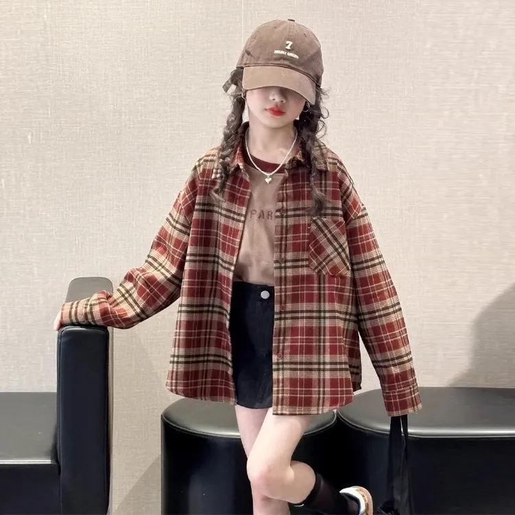 女童格子衬衫秋季2025新款儿童长袖衬衣洋气6-12岁中大童春秋上衣