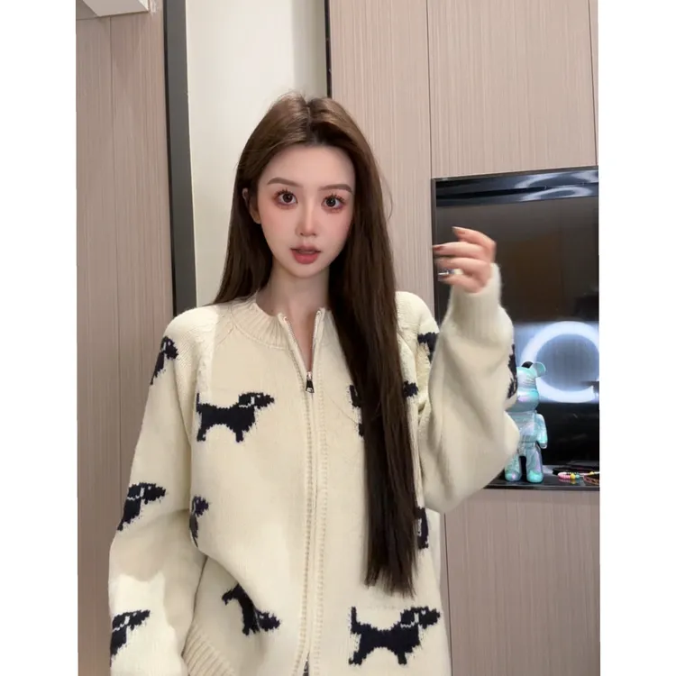 韩系狗狗提花圆领拉链毛衣外套女秋冬新款宽松显瘦百搭针织开衫