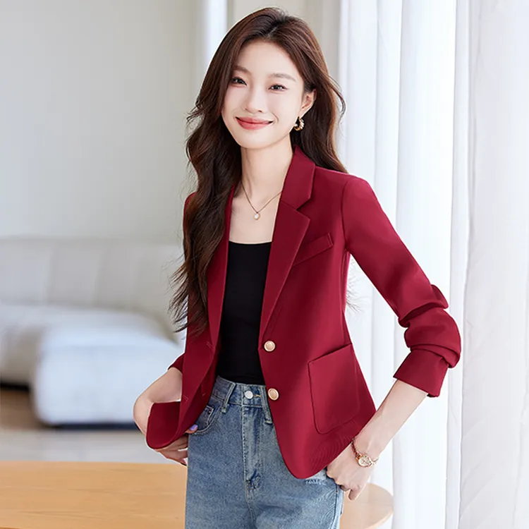 酒红色小西装外套女2025春秋新款小个子高端气质休闲百搭短款西服