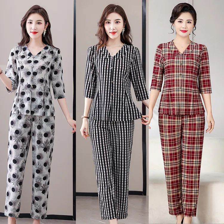 春秋夏季中老年中袖妈妈装套装条纹时尚休闲宽松气质显瘦洋气格子