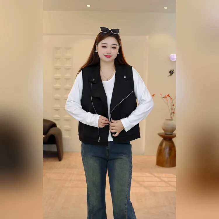 大码女装失序混搭风复古纯色百搭休闲美拉德风无袖上衣外套马甲女