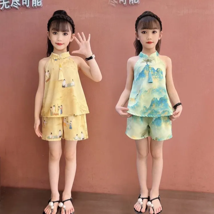 中国风挂脖盘扣夏季碎花小新小小女孩洋气薄款套装童装潮款儿童夏