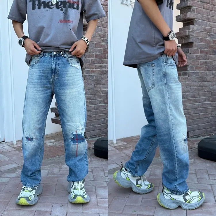 秋季新款潮牌美式复古刺绣破洞牛仔裤男痞帅个性贴布宽松直筒长裤