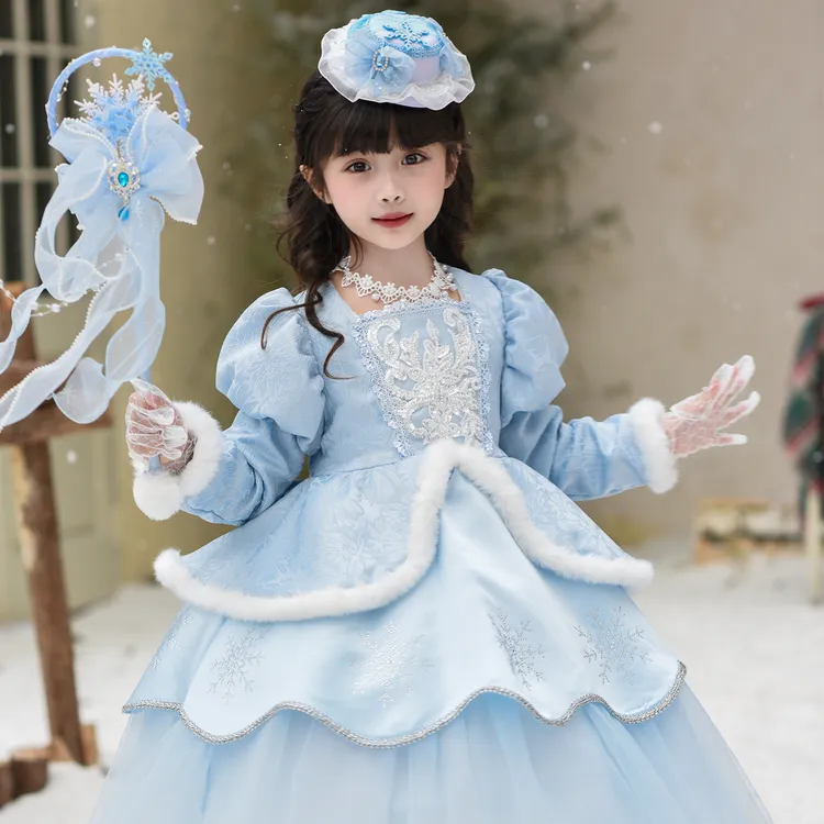 爱莎公主裙女童冬装加绒保暖连衣裙女宝宝生日表演礼服裙子HN052