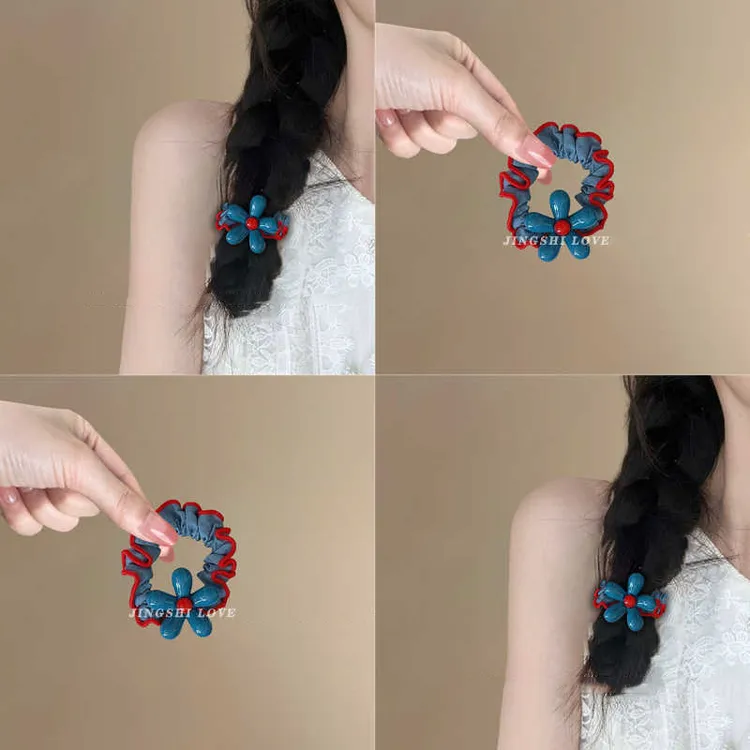 韩系蓝色花朵小肠发圈女高级感扎头发绳高弹力耐用皮筋头绳不伤发