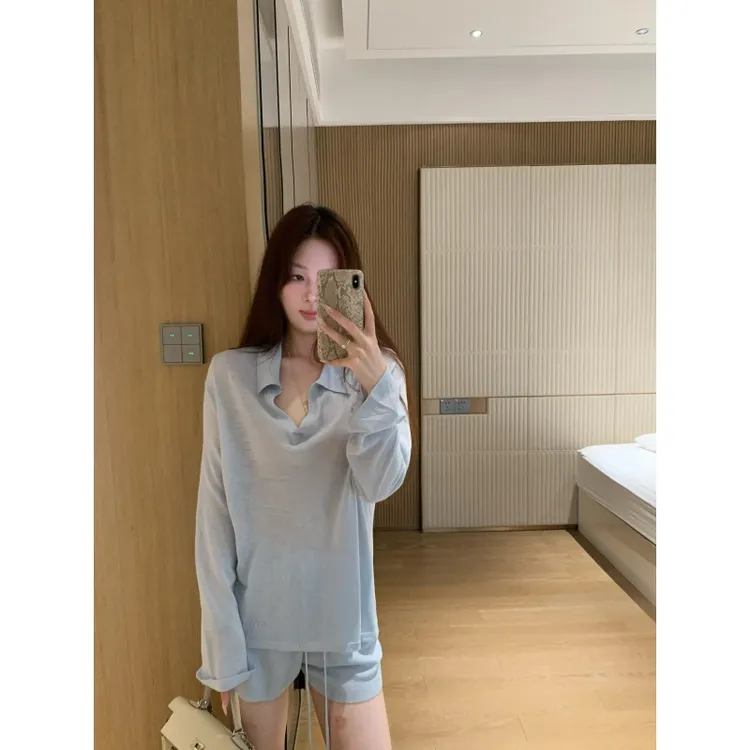 法式慵懒风套装宽松薄款长袖T恤女秋季显瘦百搭休闲短裤两件套潮