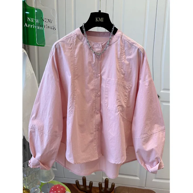高级感纯色圆领宽松轻薄泡泡袖衬衫女衬衣长袖百搭2025秋新款