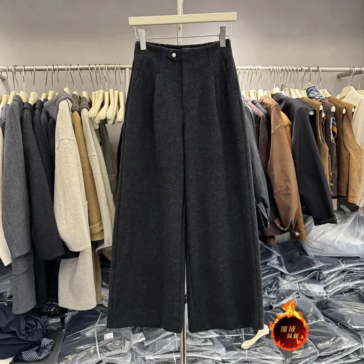 欧货秋冬新款高腰显瘦百搭茧型休闲加绒加厚羊毛呢九分直筒阔腿裤