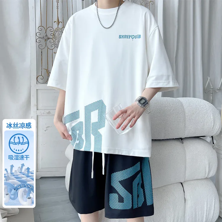 冰丝套装男装夏季新款百搭速干印花套装男潮流薄款T恤短裤两件套