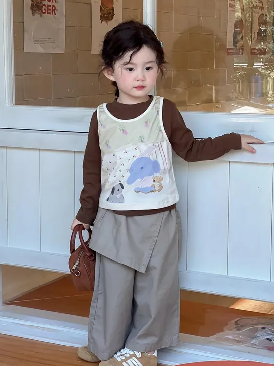 秋套装新款卡通小象马甲长袖背心卡其工装裤韩系洋气宝宝早秋衣服