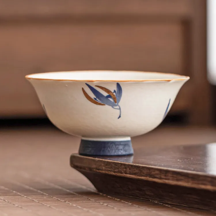 高足花口杯岩矿白陶瓷主人杯描金蝴蝶兰办公室精致茶杯茶具品茗杯