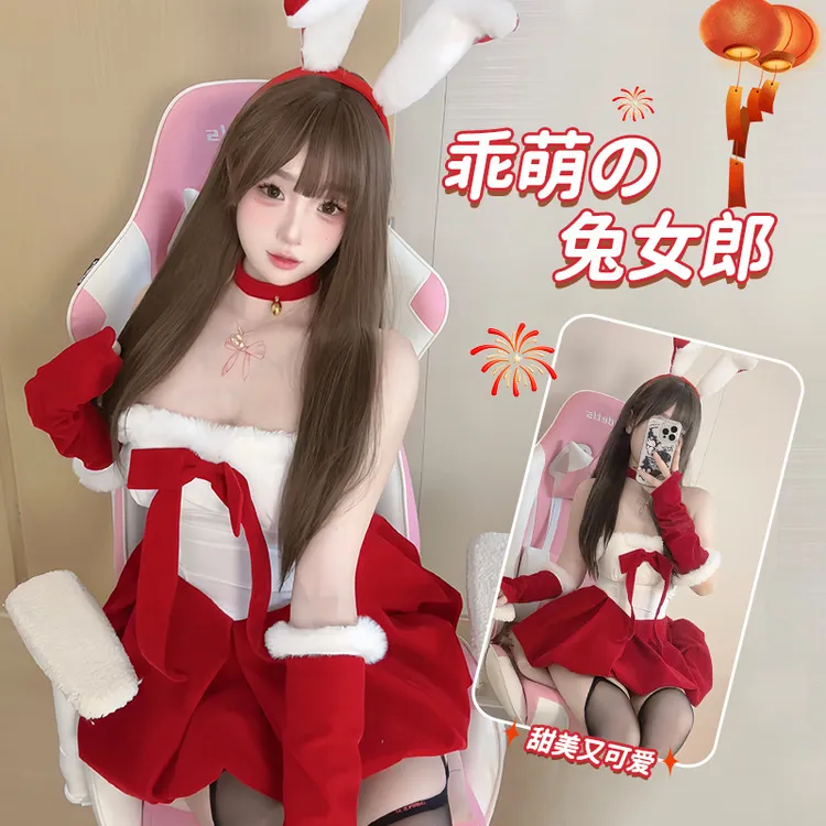 圣诞节可爱性感纯欲风金丝绒甜美蝴蝶结抹胸连衣裙cos圣诞兔女郎