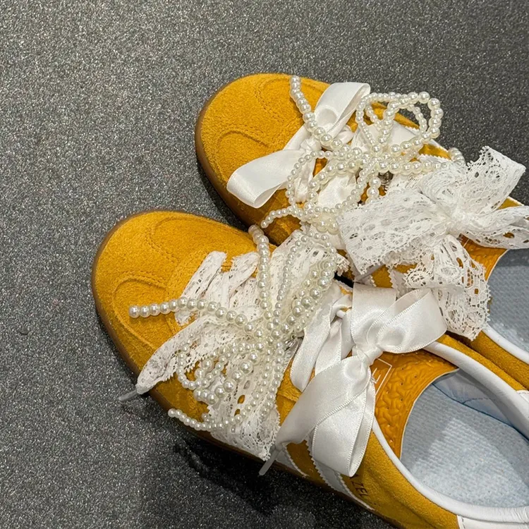蕾丝鞋带阿迪德训鞋gazelle芭蕾风白色丝带diy装饰珍珠蝴蝶结鞋扣