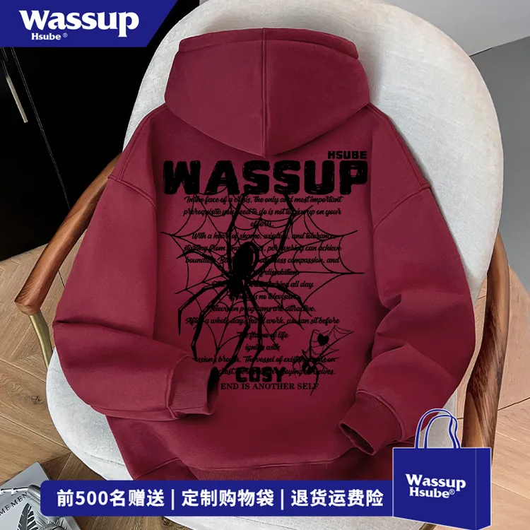 WASSUP HSUBE美式hiphop街头蜘蛛印花连帽卫衣男秋冬季休闲风上衣