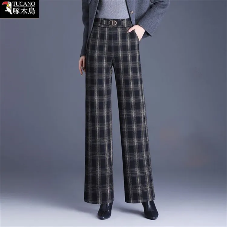 啄木鸟正品拼色秋冬休闲裤女毛呢格子裤2025年新款高腰显瘦阔腿裤